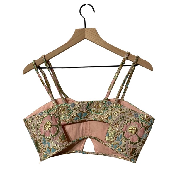 Embroidered Metallic Floral Crop Top Bralette - Pink, Gold, Blue, Green Pattern - Picture 4 of 14